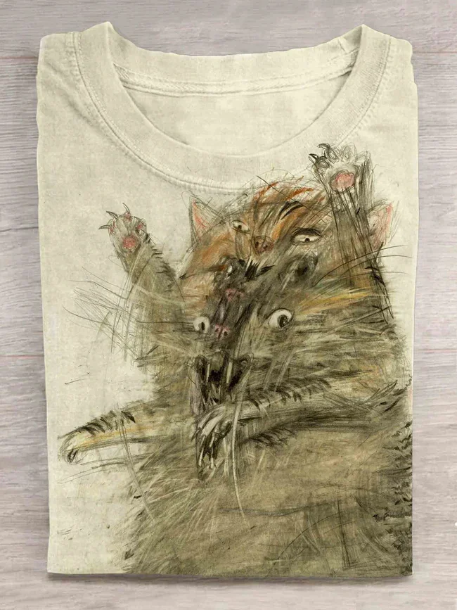 Vintage Mad Cat Painting Print Casual T-Shirt