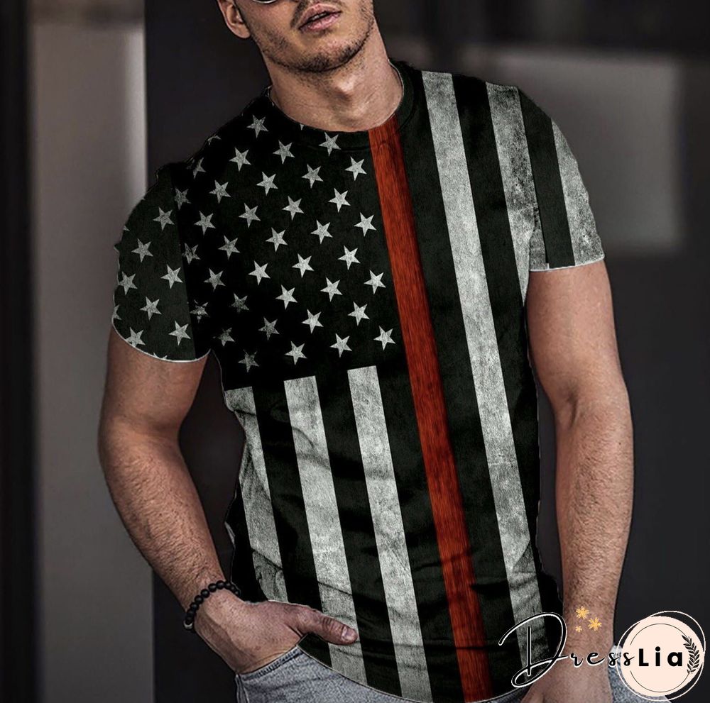 Flag 3D Printed Crew Neck Short Sleeve Street Trend