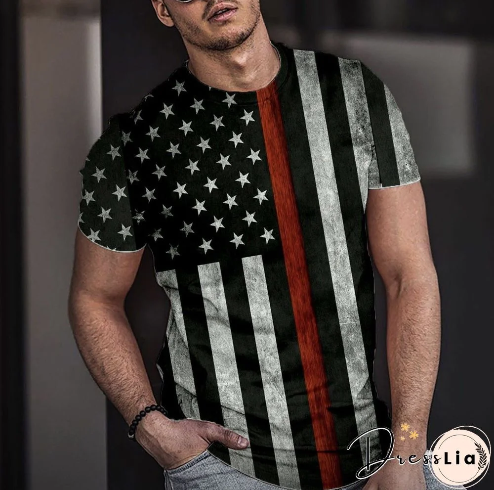 Flag 3D Printed Crew Neck Short Sleeve Street Trend