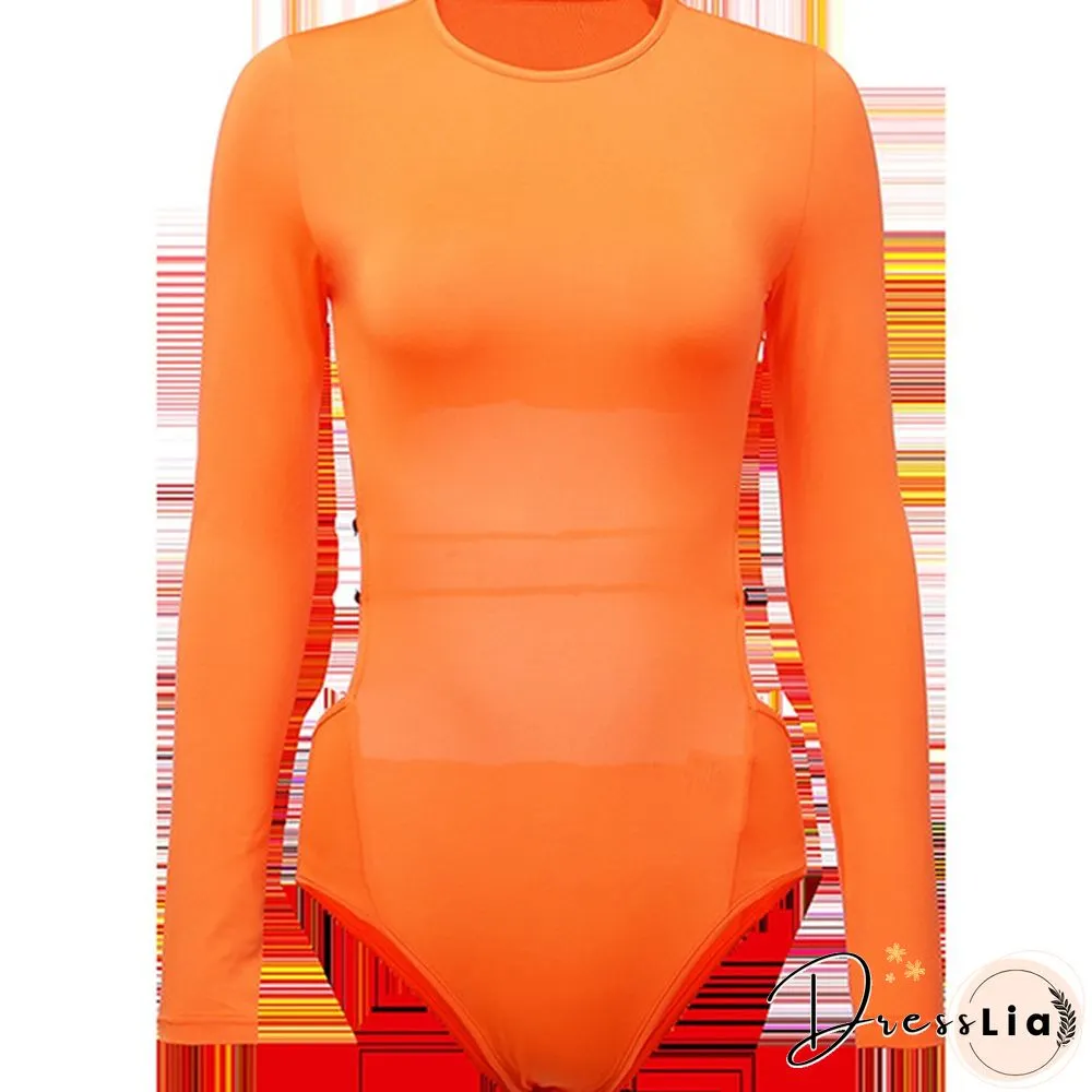 Autumn and Winter Women Neon Bodysuit Hollow-out Waist Bodysuit