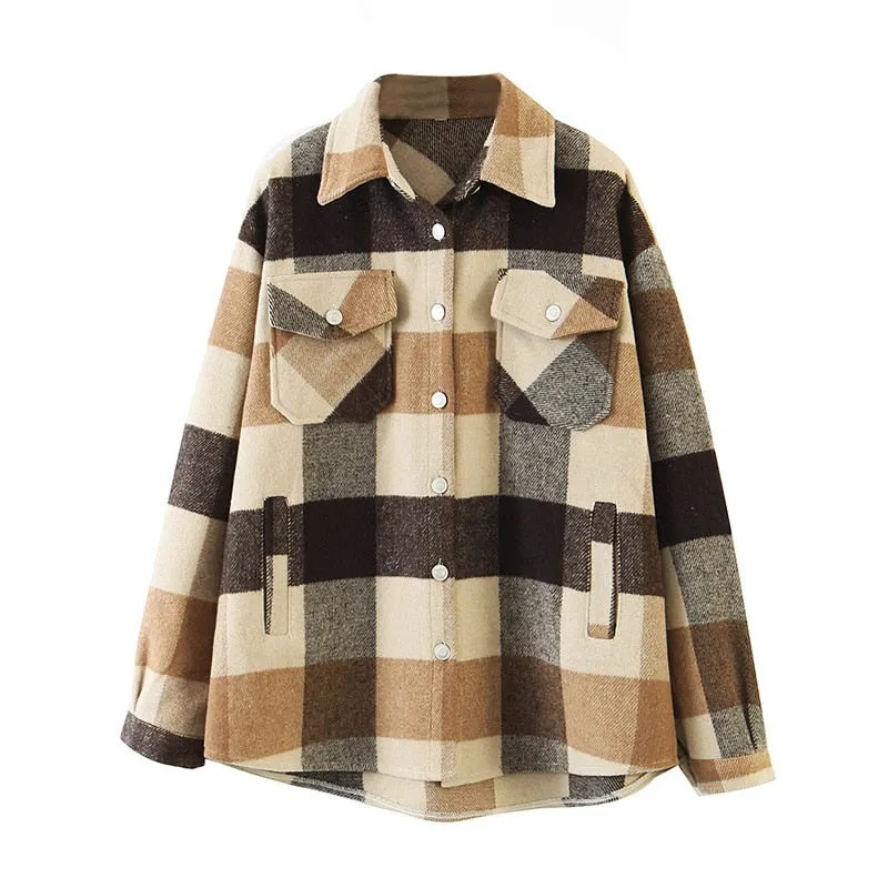 Aachoae Loose Casual Wool Plaid Jacket Women Turn Down Collar Fashion Coat With Pockets Autumn Long Sleeve Ladies Jackets Coats