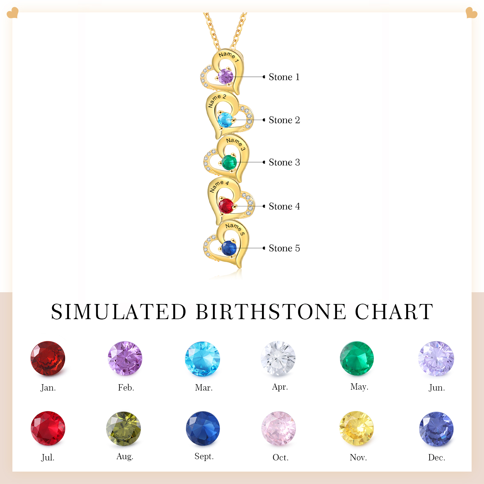 5 Names - Personalised Heart Pendant Necklace Custom Birthstones & Names Necklace Birthday Gift for Her-Jessemade AU