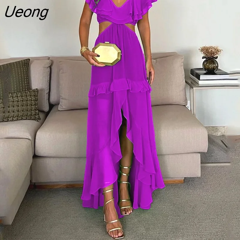 Ueong Women Maxi Dress Summer Casual Solid Ruffled Sleeve V Neck Open Waist Chiffon Party Evening Dresses High Streetwear