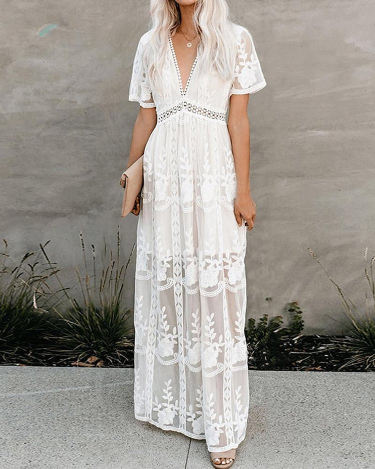 Lace Plunge Neck Embroidery Maxi Dress