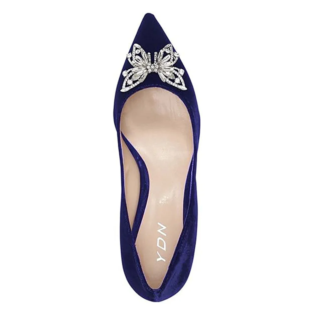Blue Velvet Pointed Toe Rhinestone Embellished Pumps with Chunky Heel