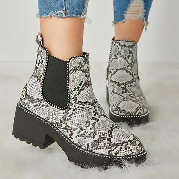 HUXM Women Casual Snakeskin Platform Slip On Boots