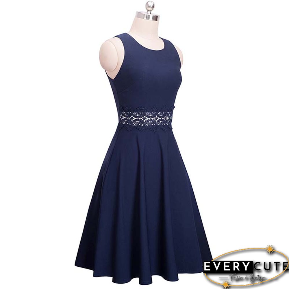 Navy Blue Sleeveless Party Skater Dress
