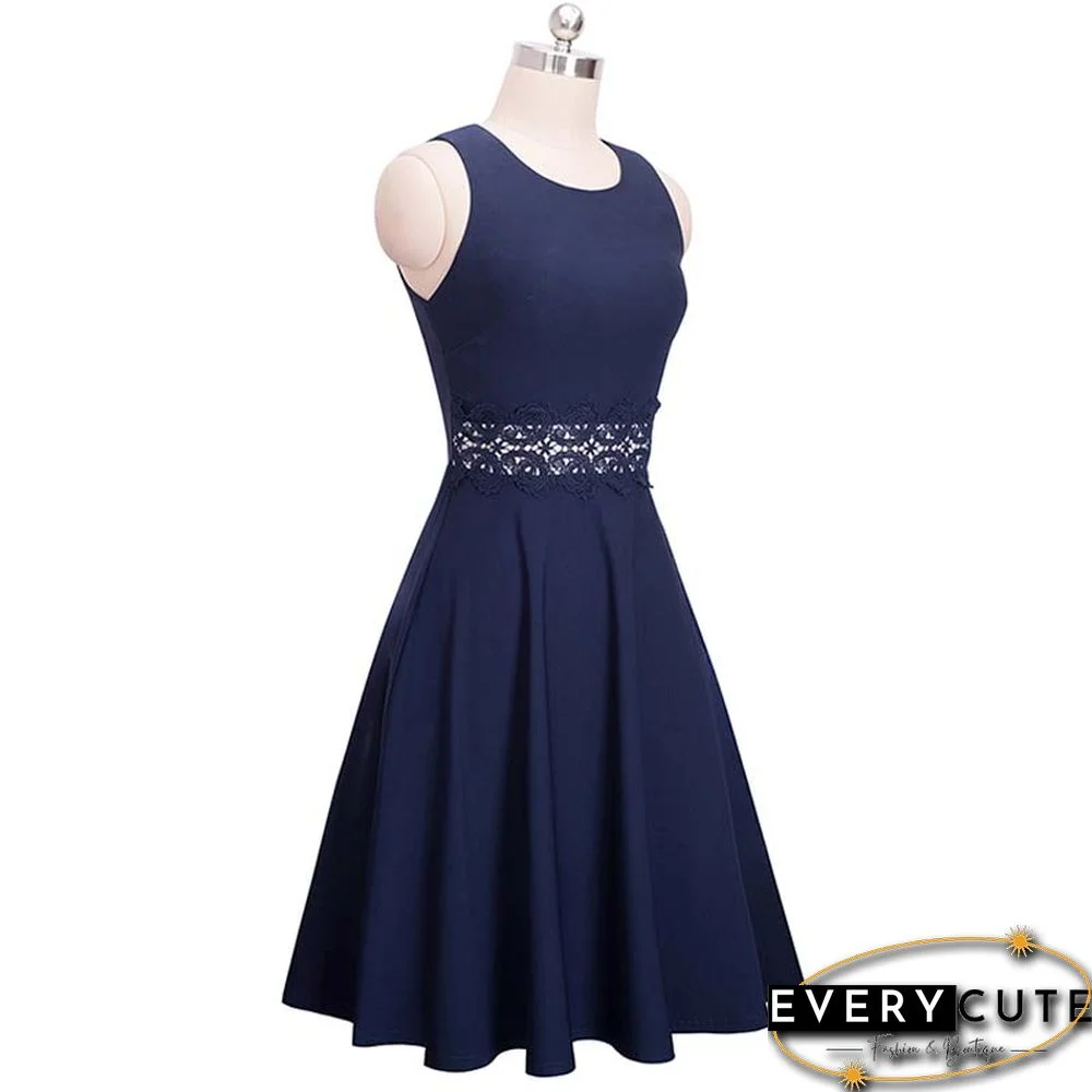 Navy Blue Sleeveless Party Skater Dress