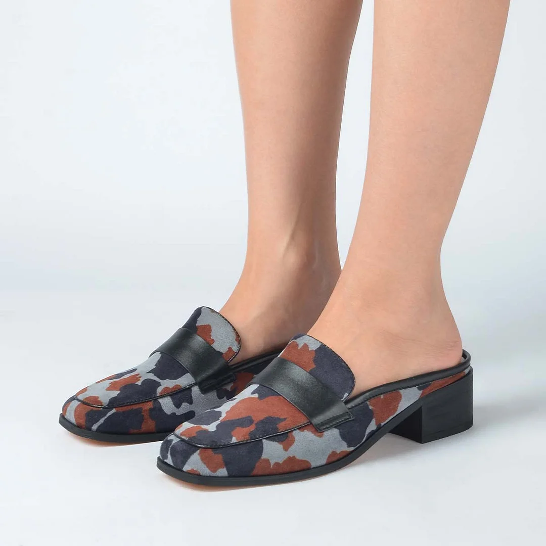 Grey Cow Pattern Round Toe Mules Casual Low Chunky Heels