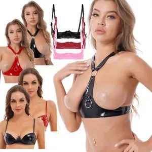 pornhint Pornhint Women Wet Look Open Nipples Bra Tops Bare Cupless Shelf Bra Wireless Bralette