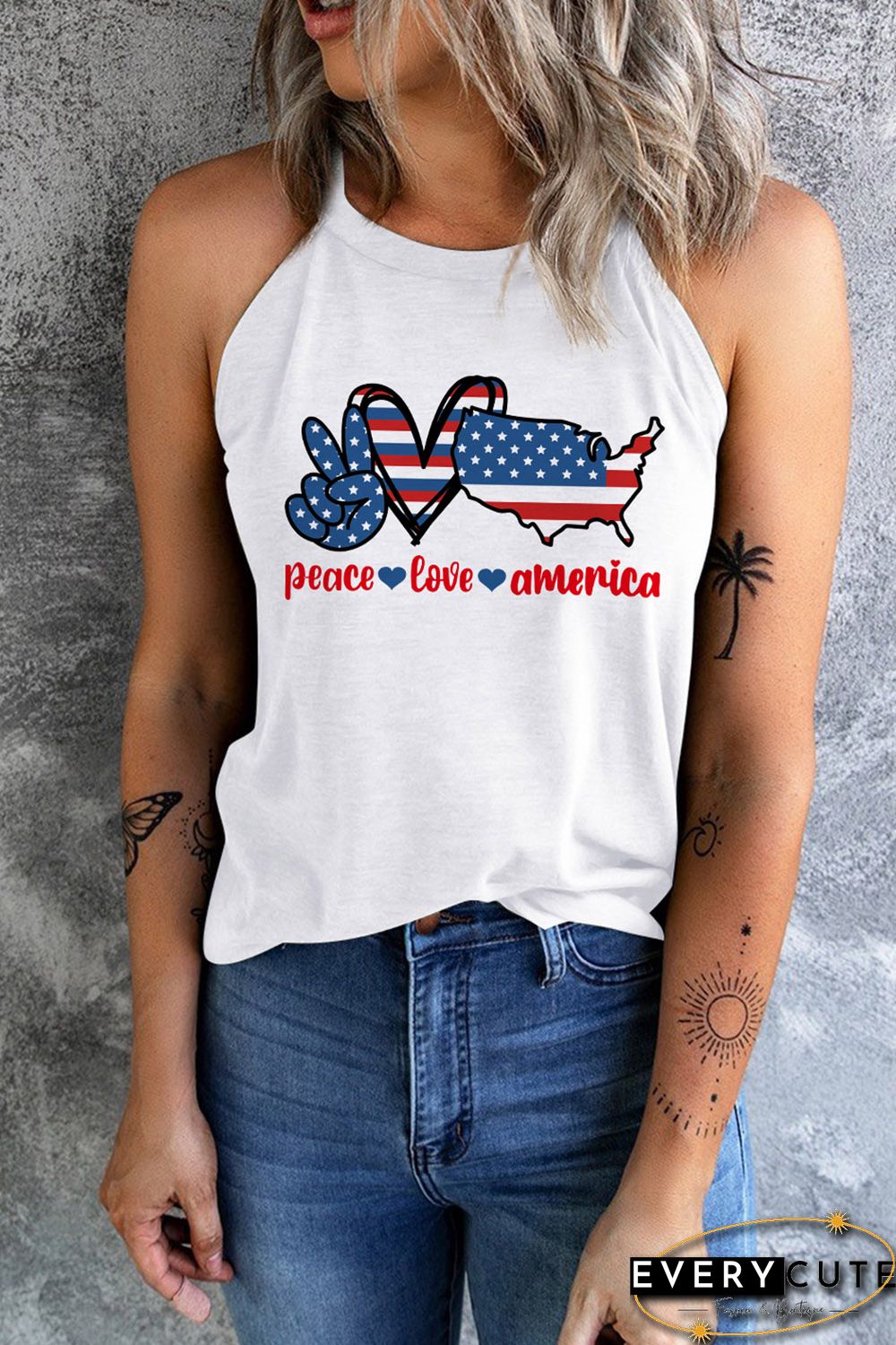 White Stars and Stripes Slogan Graphic Print Sleeveless Top