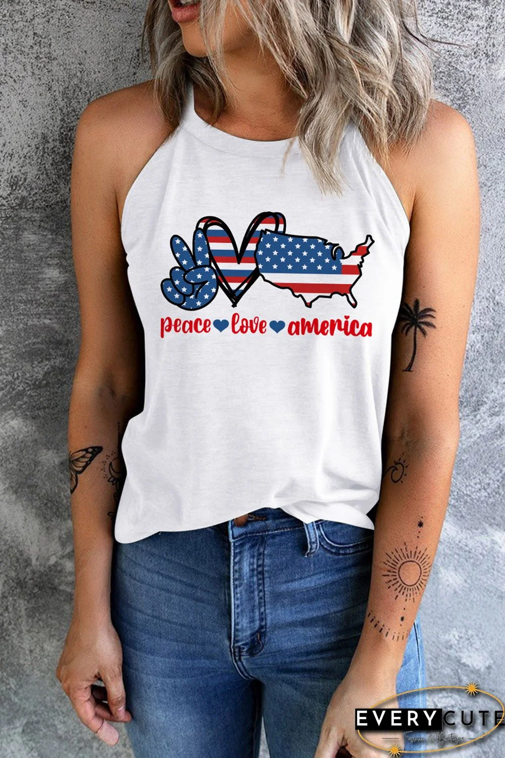 White Stars and Stripes Slogan Graphic Print Sleeveless Top