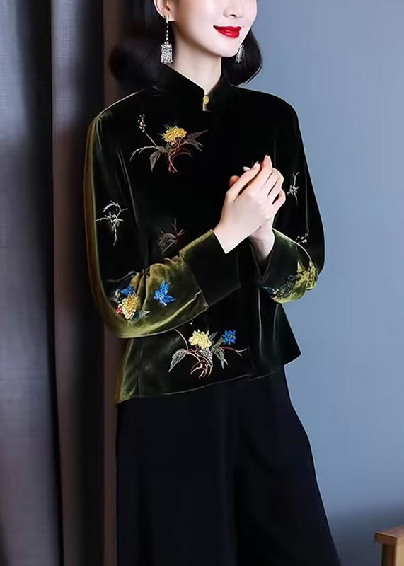 VCSHOES Loose Black Stand Collar Embroidered Patchwork Silk Velour Top Long Sleeve