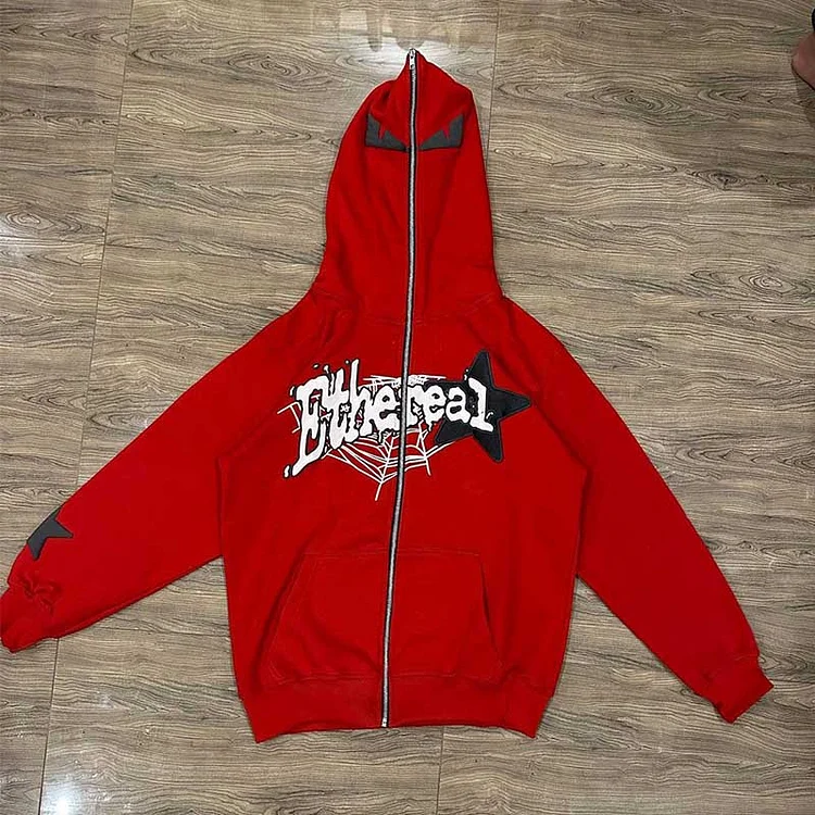 Street Letter Star Print Zipper Hooded Sweatshirt Hip Hop Hoodie at Hiphopee