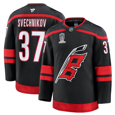 Men's Carolina Hurricanes #37 Andrei Svechnikov Black 2026 Stanley Cup Champions Home Premium Patch Jersey