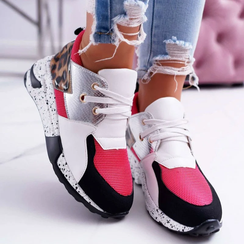2020 New Women Casual Shoes Breathable Ladies Sneakers Leopard Print Faux Fur Sneakers Lace-up Platform Sports Shoes Women