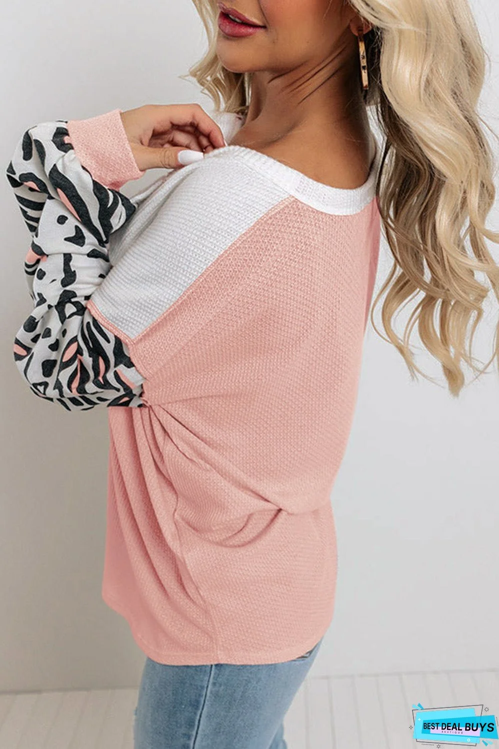 Sleeve Patchwork Waffle Knit Top