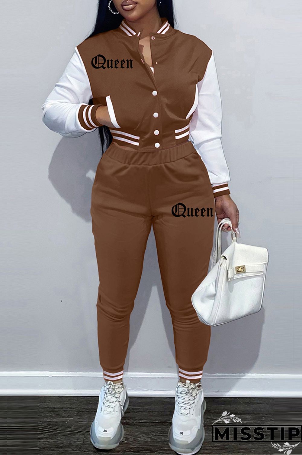 Coffee Fashion Casual Patchwork Letter Long Sleeve Two Pieces