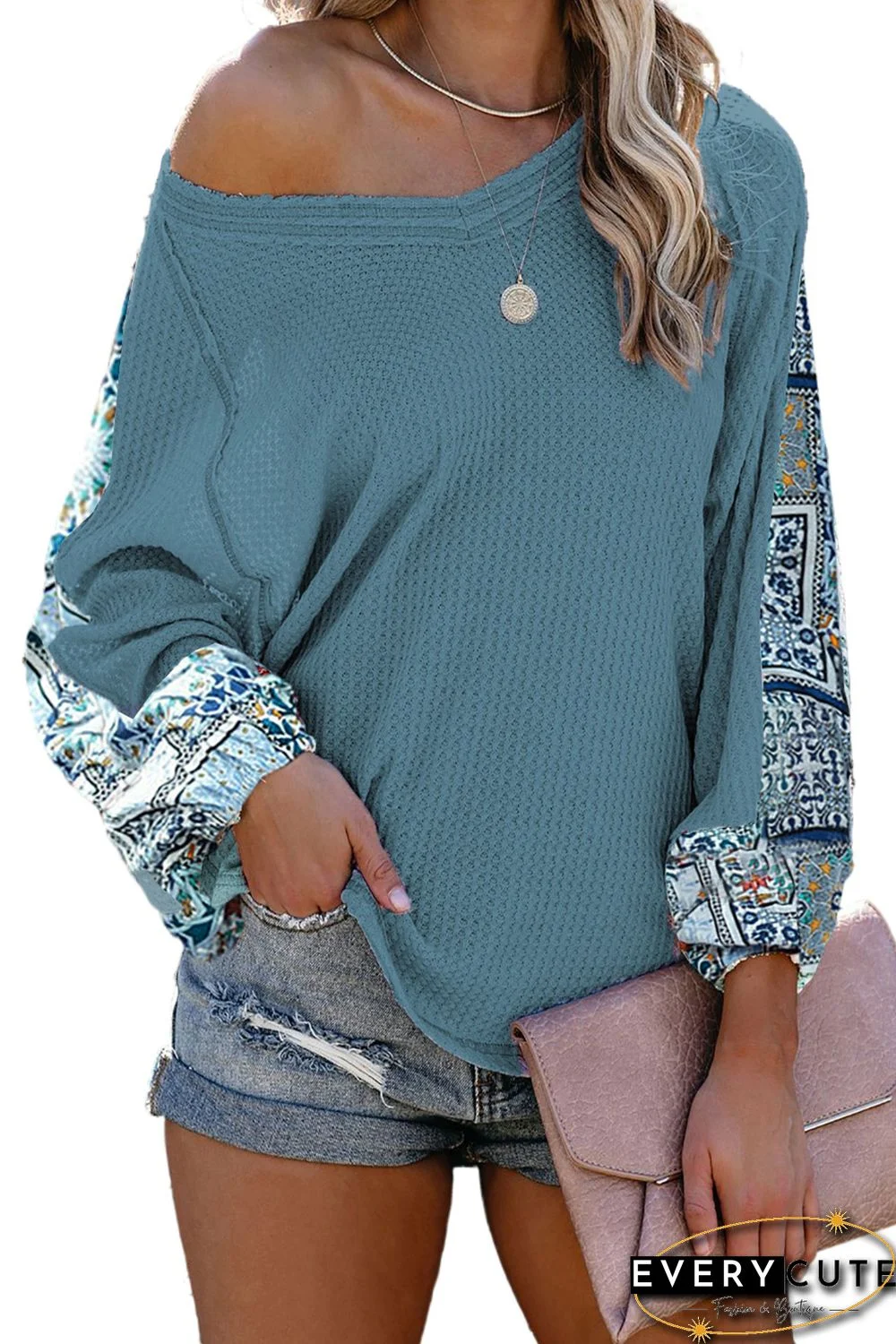 Blue Printed Splicing Waffle Knit Blouse