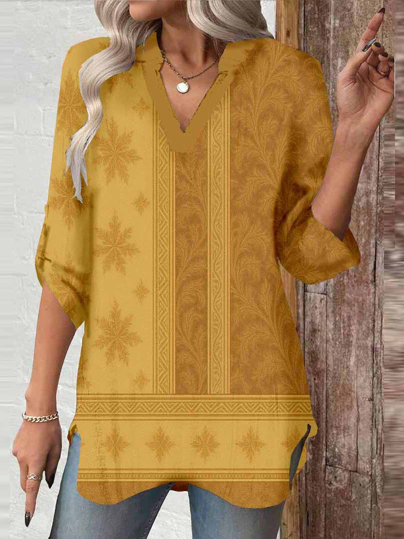 Women Bohemian,Khaki DZGA0286 3/4 Sleeve V-neck Printed Graphic Button Tops