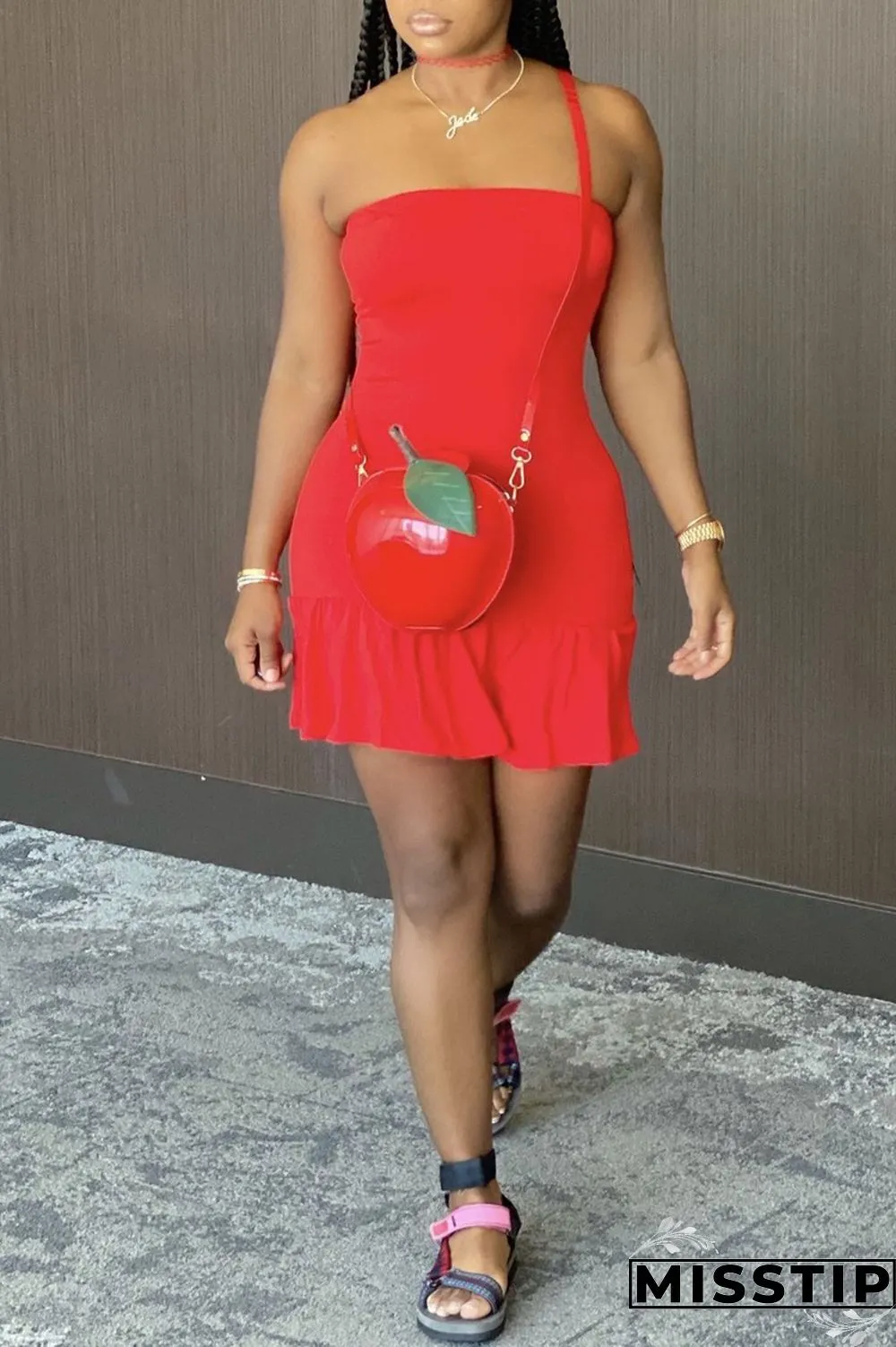 Pink Fashion Sexy Solid Backless Flounce Strapless Sleeveless Dress