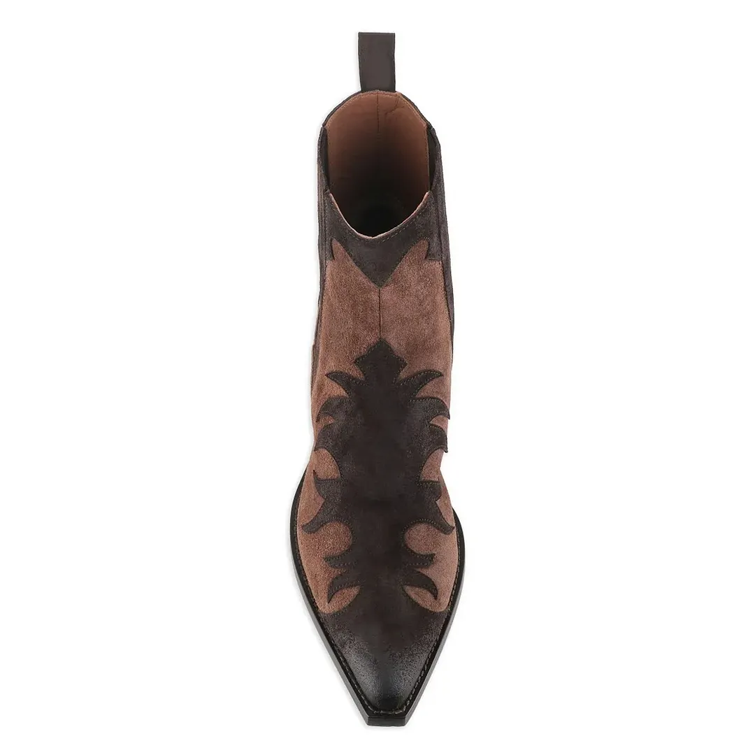 Two-Tone Brown Patchwork Mid Heel Snip Toe Cowboy Boots for Women