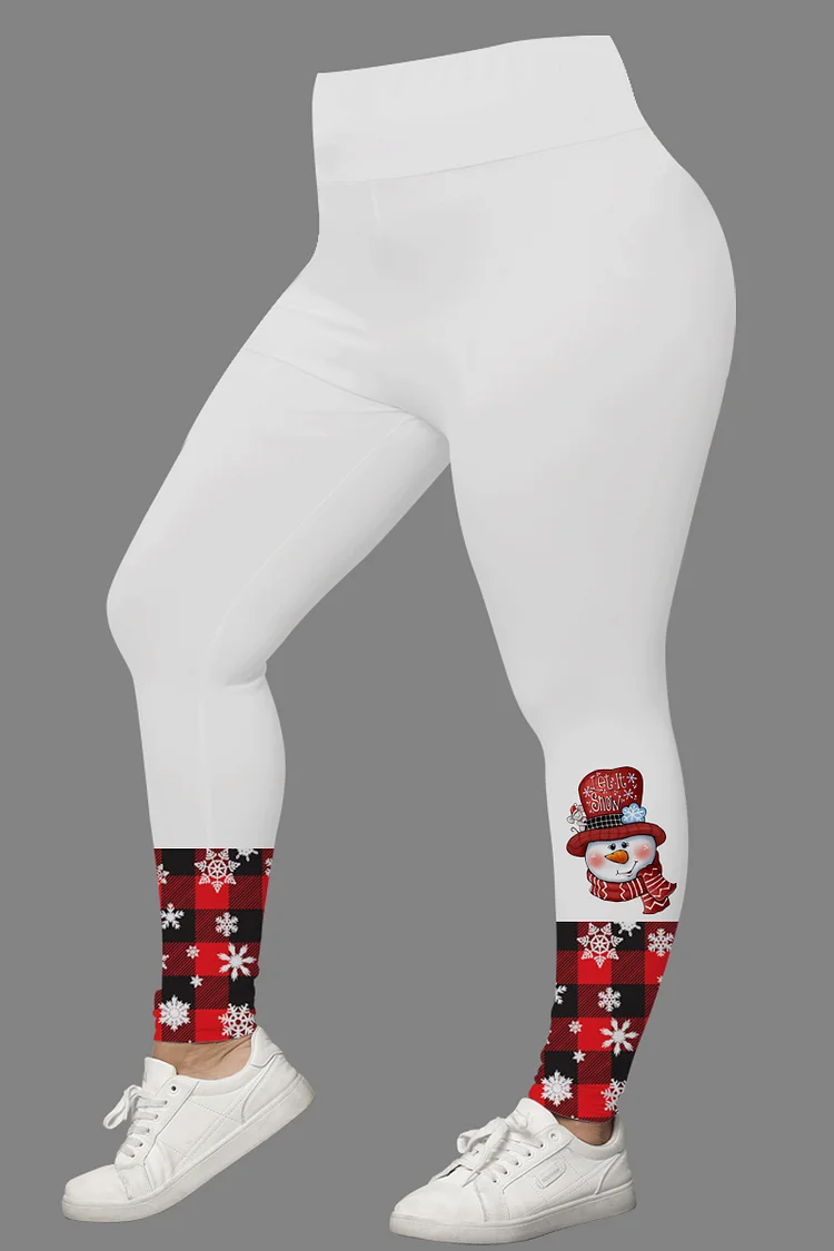 Flycurvy Plus Size Christmas Casual White Snowman Snowflake Plaid Print Legging  Flycurvy [product_label]