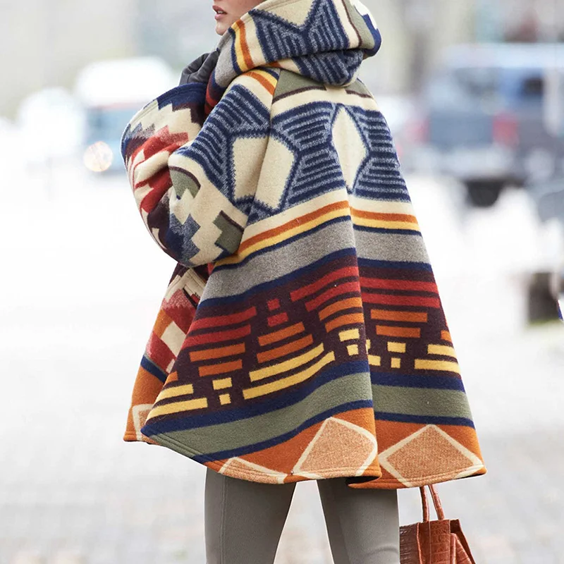 Fashion Western Print Long Sleeve Hooded Coat