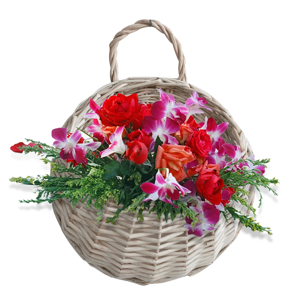 Wall Mount Wicker Flower Pot Hanging Woven Rattan Vase Basket Decor (Gray)
