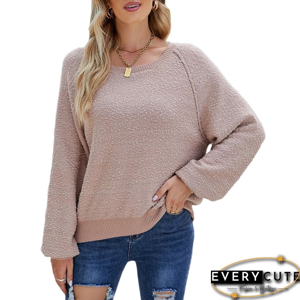 Khaki Solid Color Crew Neck Knit Sweater