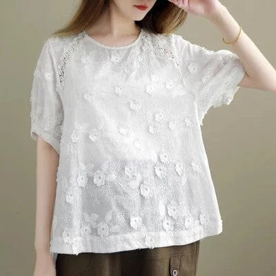 Summer Retro Casual Solid Floral Embroidery T-Shirt