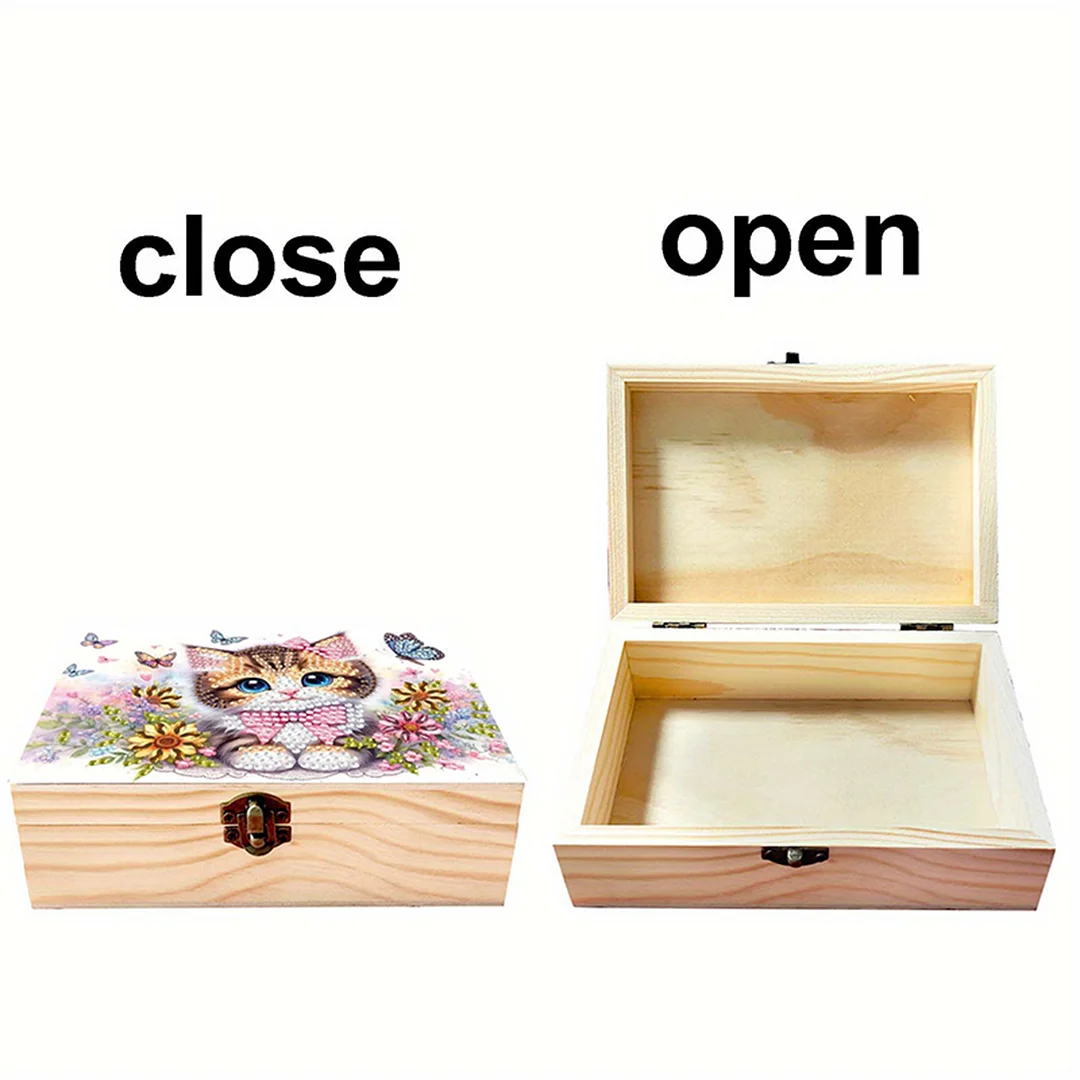 5D DIY Diamond Painting Handmade Wood Storage Box for Home Decor Craft (Cat)