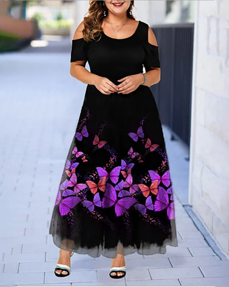 Sleeve Off Shoulder Plus Size Purple Print Dress Women's