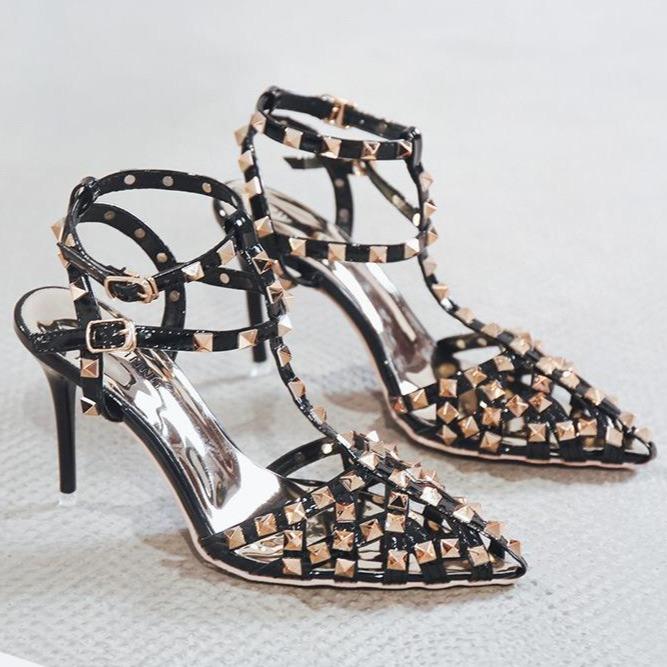 Women steampunk studded pointed closed toe T-strap buckle stiletto heels