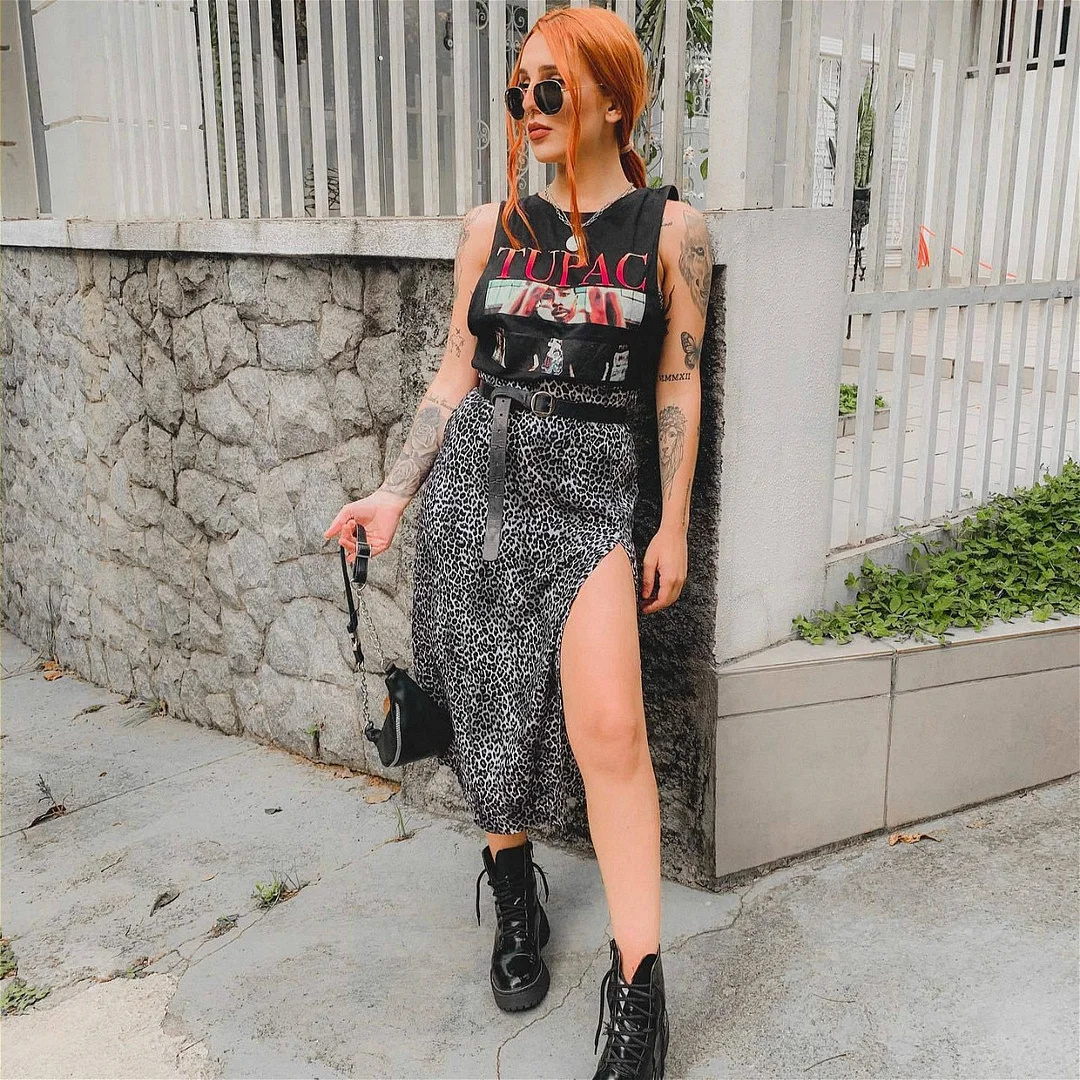 2021 New Summer Long Skirts Women Leopard/Floral Printed High Waist Split Skirt Casual Bohemian Skirt Female