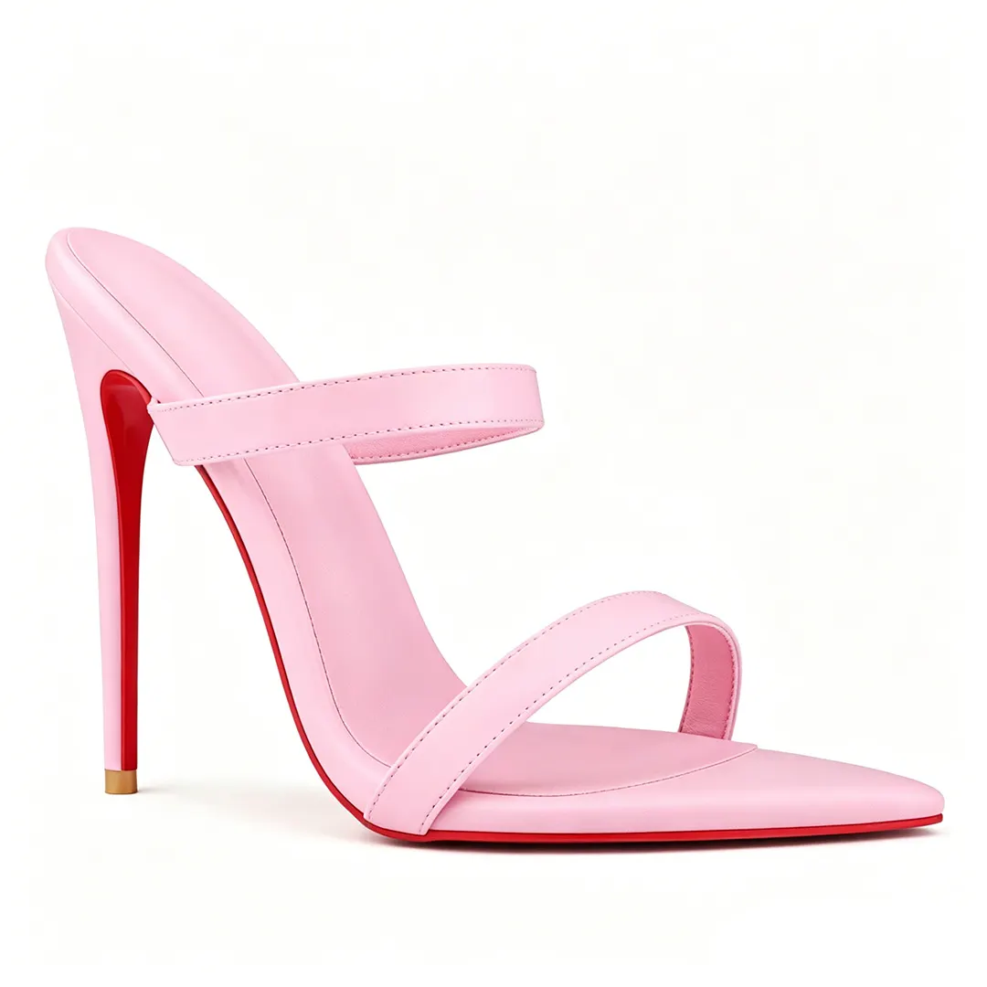 120mm Women Matte Leather Open Toe Slide Heels Elegant Two Band Stiletto Mules With Iconic Red Bottom-MERUMOTE