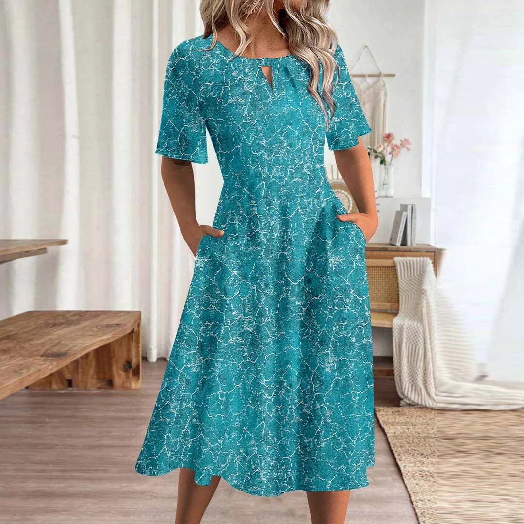 Women Graphic,Blue DZHA8223 Short Sleeve Scoop Neck Graphic Printed Hollow Midi Dress