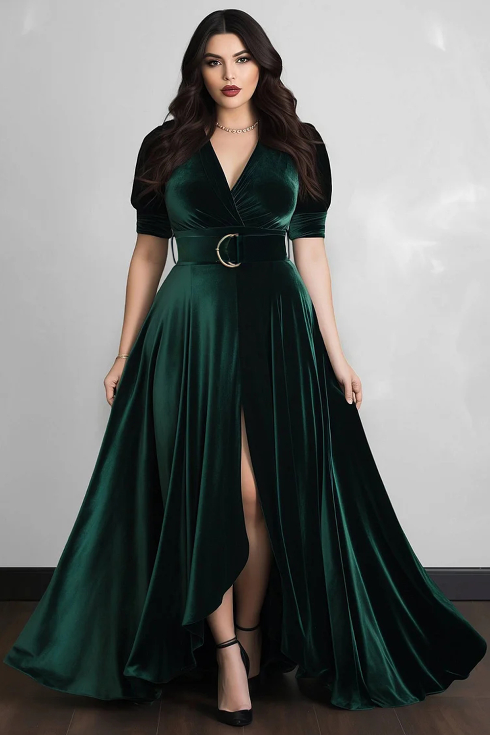 Flycurvy Plus Size Wedding Guest Dark Green Velvet Wrap Split Puff Sleeve Maxi Dress