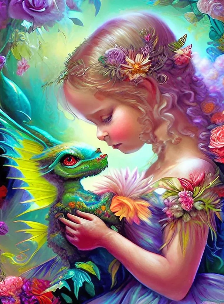  Girl And Dragon 40*55CM (Canvas)AB Round Drill Diamond Painting gbfke