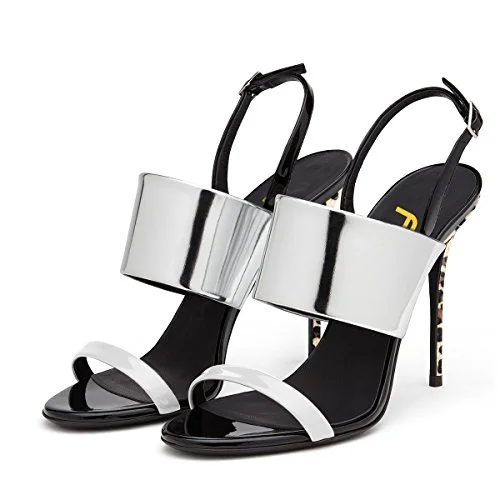Silver Slingback Heels Open Toe Mirror Leather Stiletto Heel Sandals |FSJ Shoes