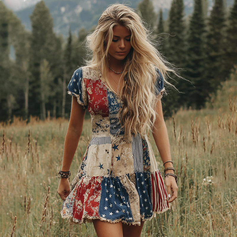  Women's Boho Independence Day Printed Linen Patchwork Mini Dress Westsshops