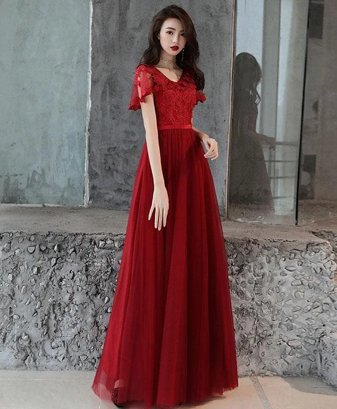 Simple Tulle Lace Long Prom Dress, Burgundy Bridesmaid Dress