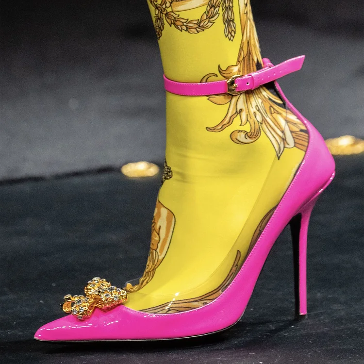 Women's Patent Leather Rhinestone Stiletto Heel Ankle Strap Pumps |FSJ Shoes