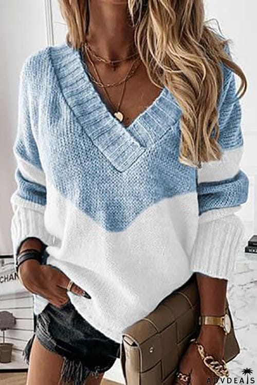 Color Block V Neck Swater