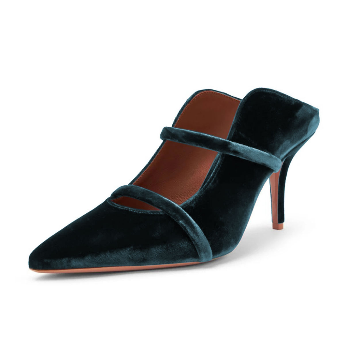 Blue Velvet Pointed Toe Straps Womens Mules Shoes with Stiletto Heel Nicepairs