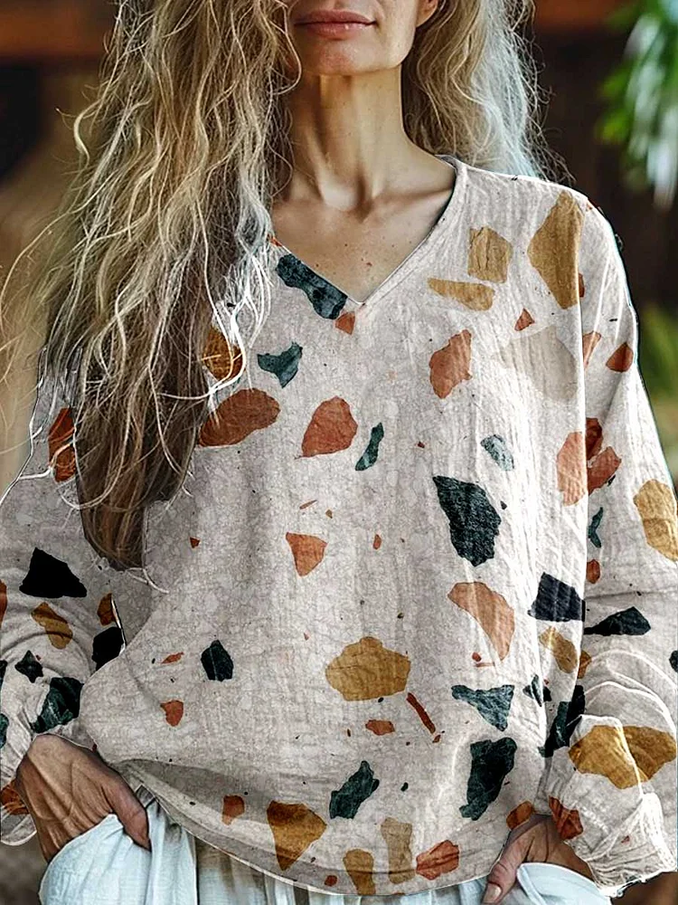 Womens Art Geometric Print Casual Long Sleeve Comfortable Cotton Top