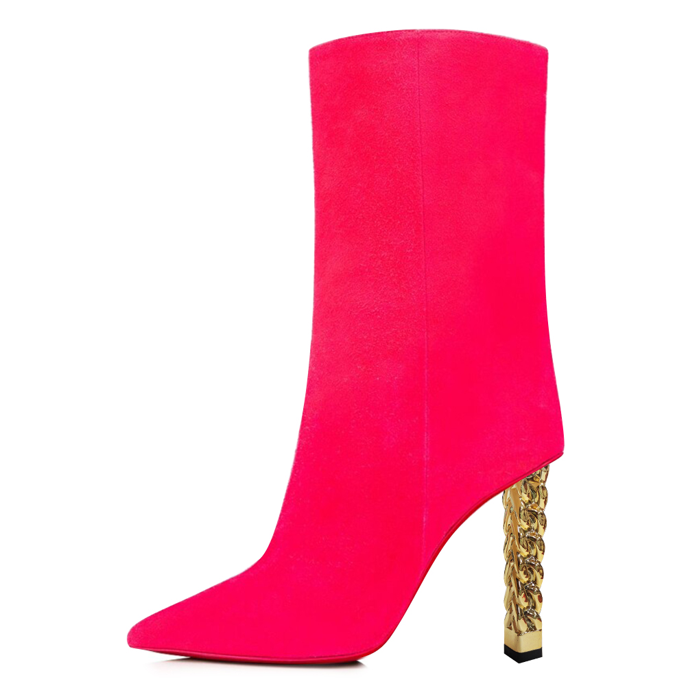 Hot Pink Vegan Suede Wide Calf Decorative Heel Boots for Women Nicepairs