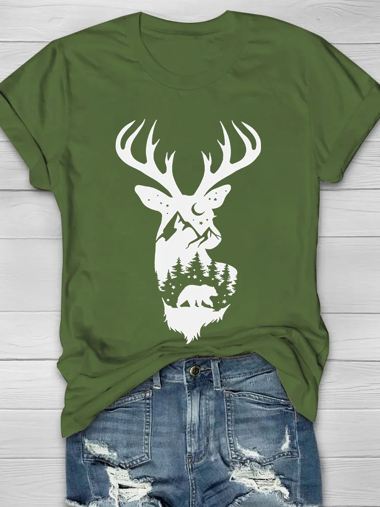 Forest And Deer Printed Crew Neck Women's T-shirt