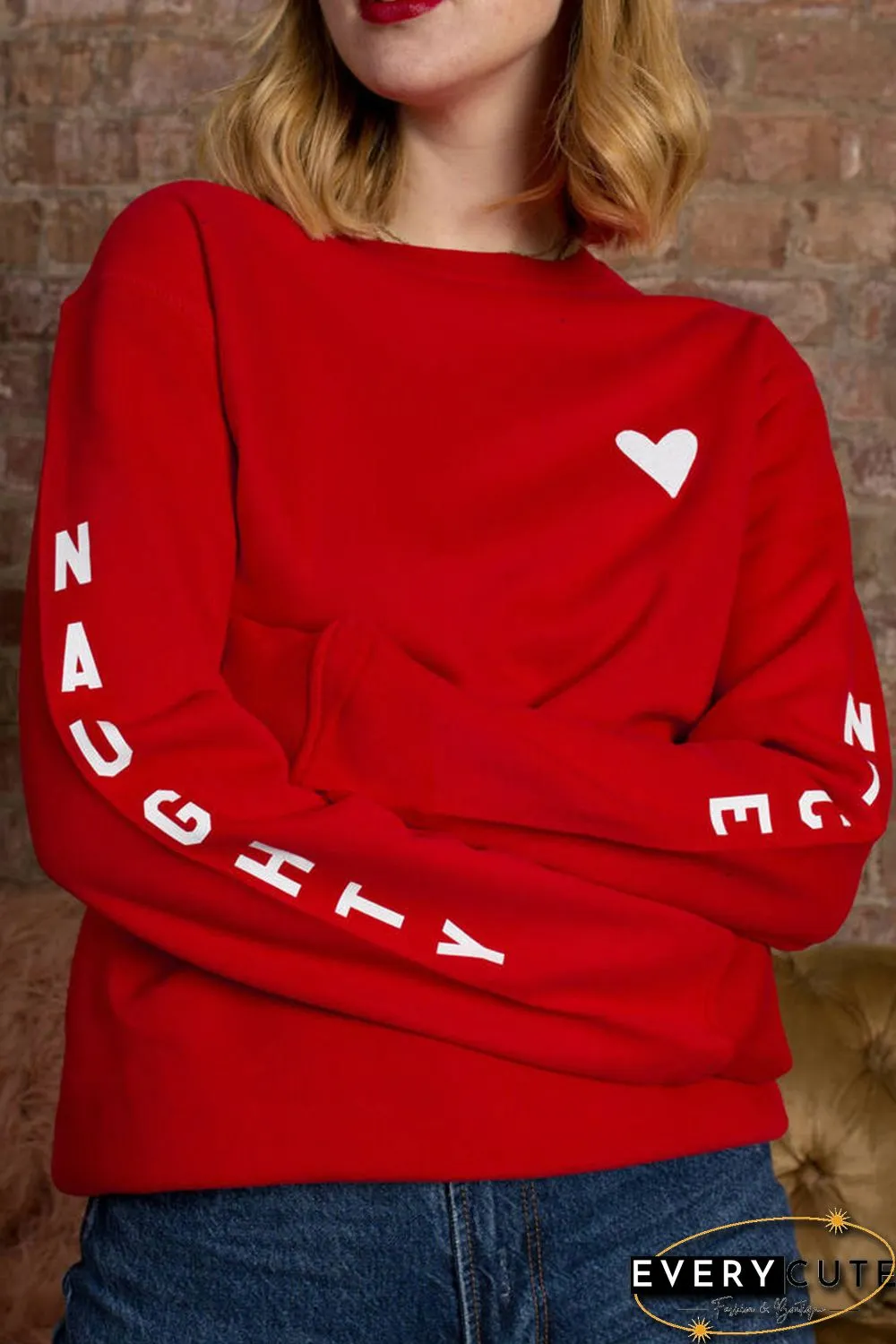 Red Letters Print Long Sleeve Pullover Sweatshirt