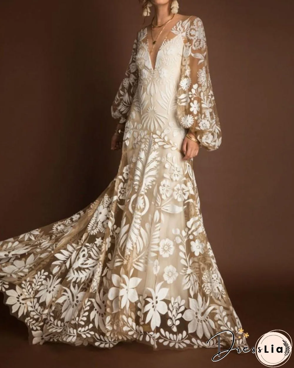 Lace Floral Embroidery Backless Loose Puff Sleeve Maxi Dress P12971